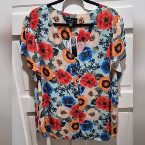 Premise Floral Blouse 3X Colorful Flutter Sleeve Top NWT